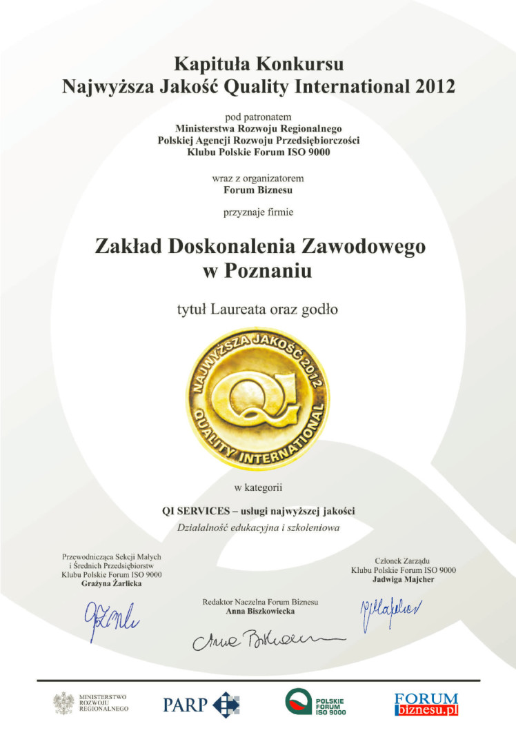 Medal Certyfikat Najwyższa Jakość 2012