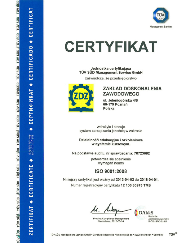 Certyfikat Jakości ISO 9001 (Certyfikat TÜV SÜD wdrożenia Systemu Zarządzania Jakością ISO 9001:2008)