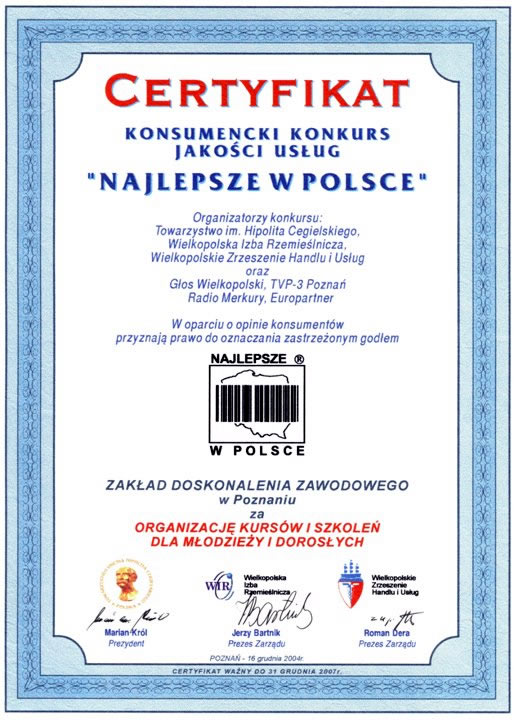 Certyfikat “Najlepsze w Polsce”